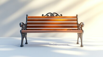 Outdoor park bench, wooden seat, ornate metal frame, sunlit