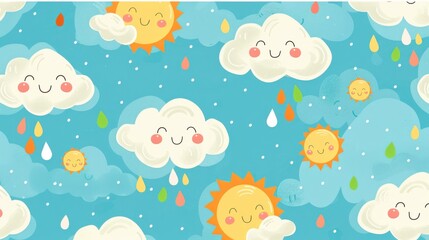 Cheerful Cartoon Sun and Clouds on Blue Background Design Pattern