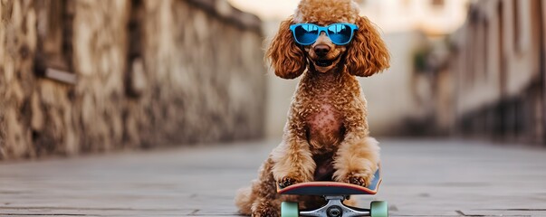 Obraz premium Stylish poodle with sunglasses sitting on a skateboard outdoors