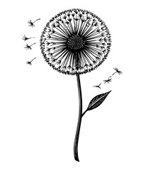 Dandelion seeds blowing illustration woodblock vintage style black and white