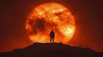 Solitary Figure at Sunset: A Silhouette Against a Fiery Sky