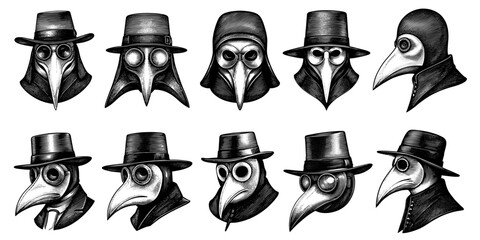 Naklejka premium Plague Doctor Masks set in Engraving vintage Style Black and White illustration