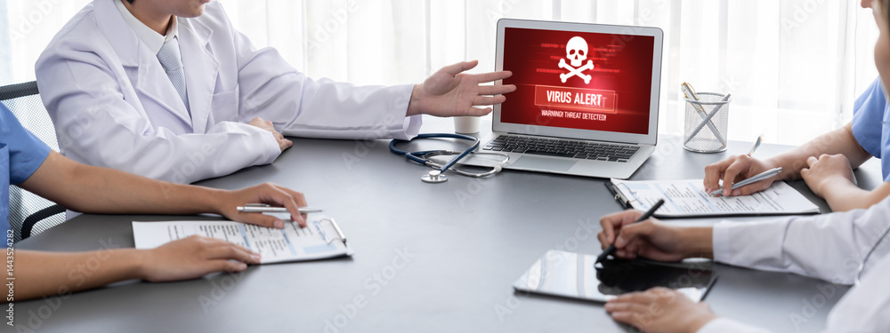 Poster virus warning alert on computer screen detected brisk cyber threat , hacker, computer virus and malw