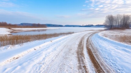Winding road through snowy landscape