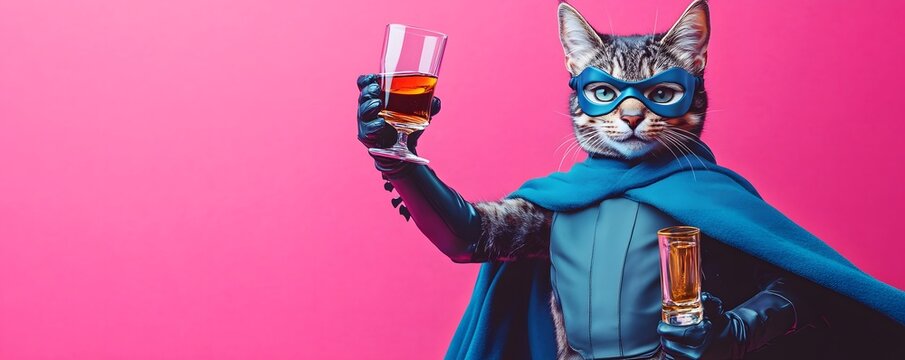 Feline superhero toasts with drinks against a vibrant pink backdrop