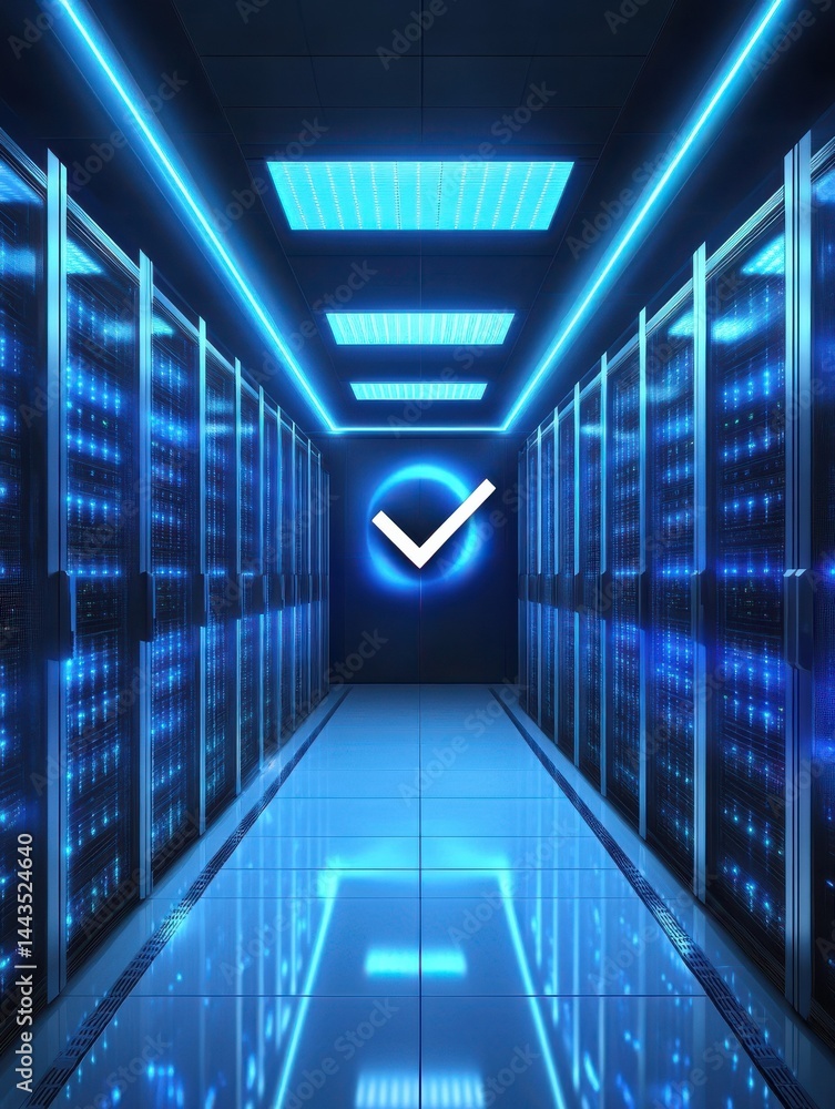 Poster futuristic server room with glowing blue servers and check mark symbolizing secure data processing a