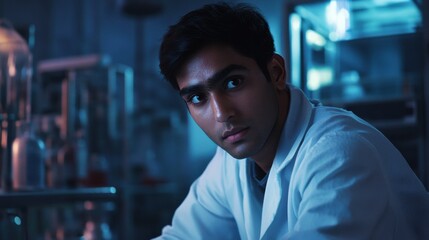 Obraz premium Young indian male scientific in laboratory. Generative AI., Generative AI