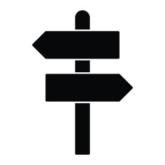Directional signpost vector icon. Two-way road sign for navigation, travel or decision making. Black silhouette isolated on white background.