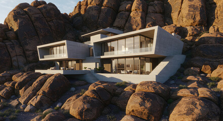 Modern Residence Embraced By Desert Rock Formations At Golden Hour