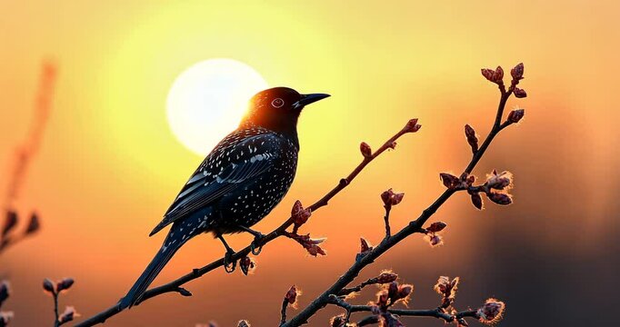 A bird is perched on a branch at sunset, creating a stunning silhouette.