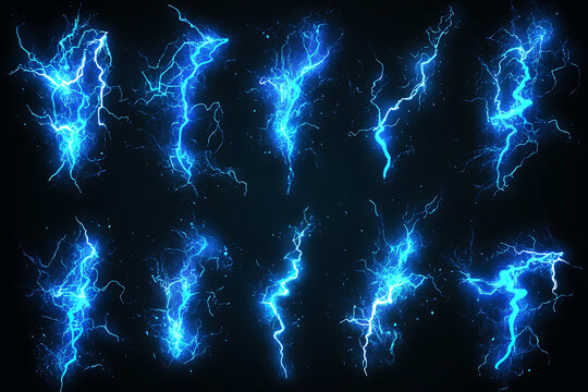 A collection of vibrant blue lightning bolts set against a dark background, showcasing energy