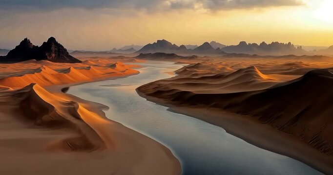 A winding river flows through a vast desert landscape at sunset.
