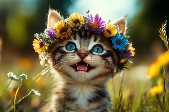Early sunshine. Cute baby cat pixiebob wearing feral flower circlet on its head. Sunny days happiness. Little adventurer in a floral wonderland. Flower-themed happiness for cats.
