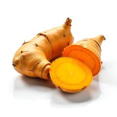 Fresh Raw Turmeric Root &ndash; Organic Haldi with Vibrant Orange Color on White Background.