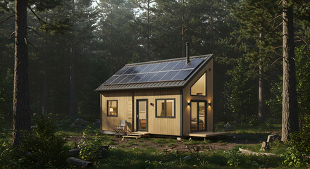 Modern Eco Cabin With Solar Panels In Forest Environment Scenery