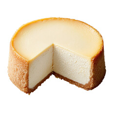 Delicious creamy cheesecake with a smooth texture and a golden brown crust, featuring a slice removed revealing rich, velvety interior perfect for dessert on transparent background