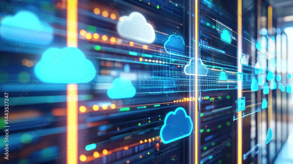 Poster Abstract visualization of cloud data exchange in a glowing server environment, ideal for representing cloud computing, virtual networks, and online storage infrastructure