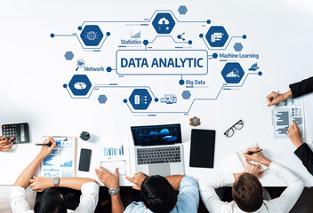 A diverse team of professionals collaborates on data analytic strategies, utilizing statistics, machine learning, and visualization tools in a modern business environment. Amity