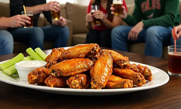 Wings, beer, friends. Plate of wings, celery, dip at a social gathering