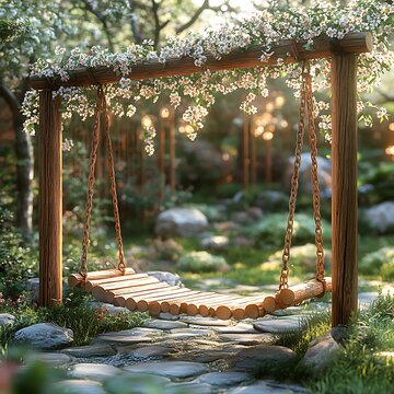 Relaxing Japanese Zen Garden with Blooming Cherry Trees and Swing Photo