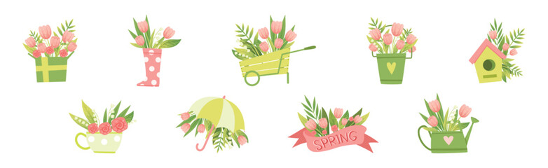 Spring Flower and Blooming Garden Flora Composition Vector Set