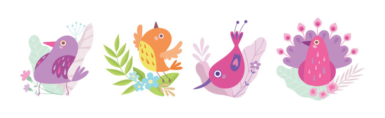 Cute Little Birdie in Bright Foliage and Leaf Vector Set