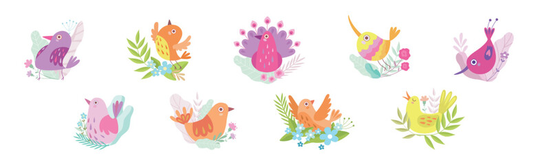 Cute Little Birdie in Bright Foliage and Leaf Vector Set