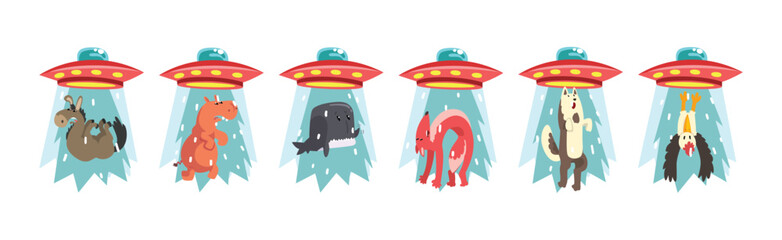 Alien UFO Spaceship Taking Away Animals Vector Set