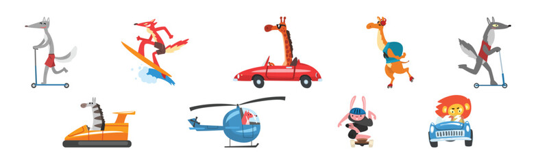 Naklejka premium Cute Animal Character Riding Different Transport Vector Set