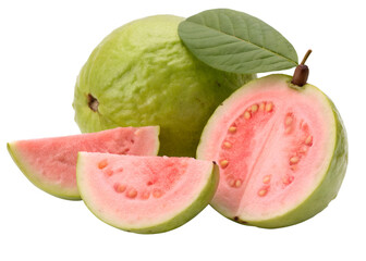 Fresh Pink Guava Fruit Slices with Green Skin and Leaf