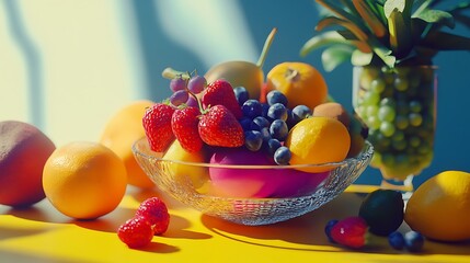 Fresh assorted fruits in glass bowl with vibrant summer background lighting
