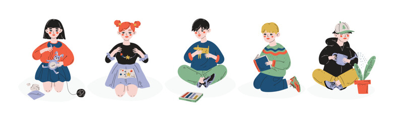 Kid Character Engaged in Hobby and Favorite Activity Vector Set