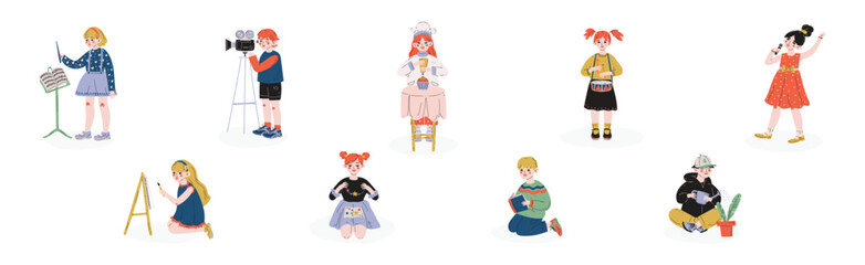 Kid Character Engaged in Hobby and Favorite Activity Vector Set