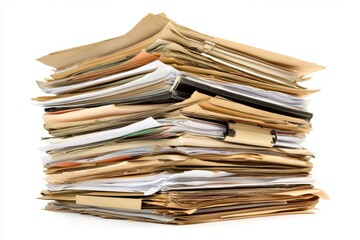 A large stack of disorganized papers and files on a white background in a studio setting