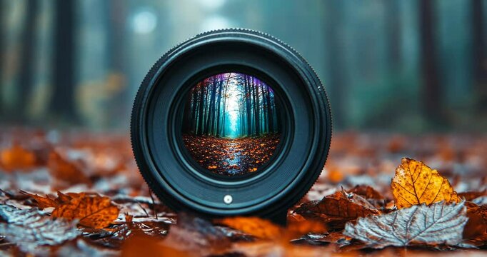 A camera lens lies on autumn leaves, reflecting a serene forest path.