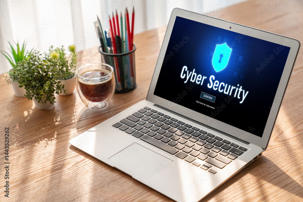 Poster cyber security system on computer screen protect private information snugly from hacker and cyber at