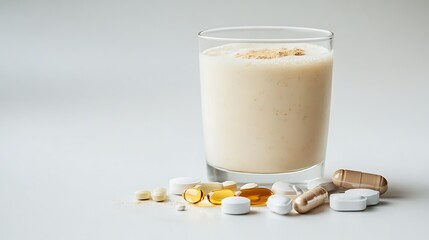 A glass of protein shake with pills on a white surface in 