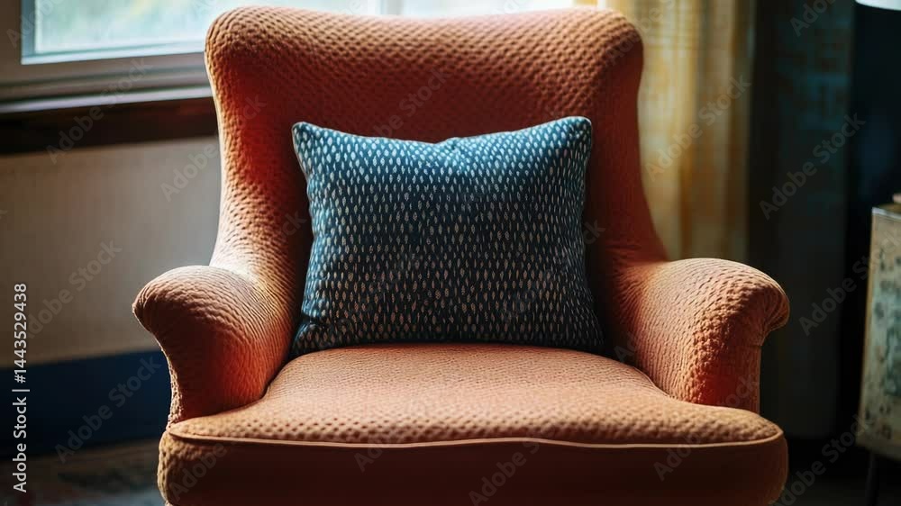 Poster a simple yet cozy setting featuring an orange chair and blue pillow in front of a window