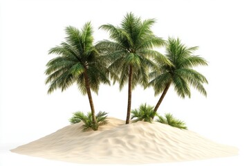 Tropical oasis with lush palm trees on sandy dune isolated on white background 