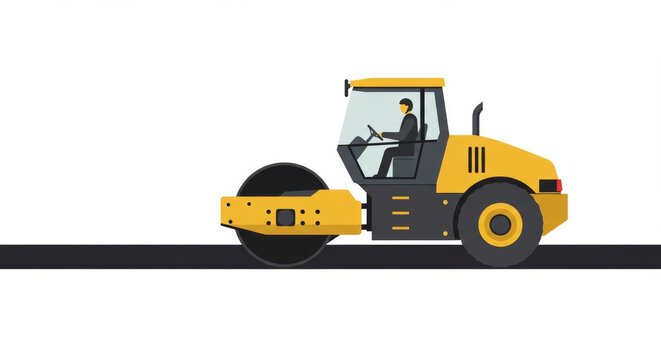 Minimalist road roller illustration compacting asphalt with clean design aesthetic