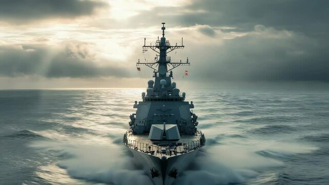 A navy ship sailing through calm waters of the ocean