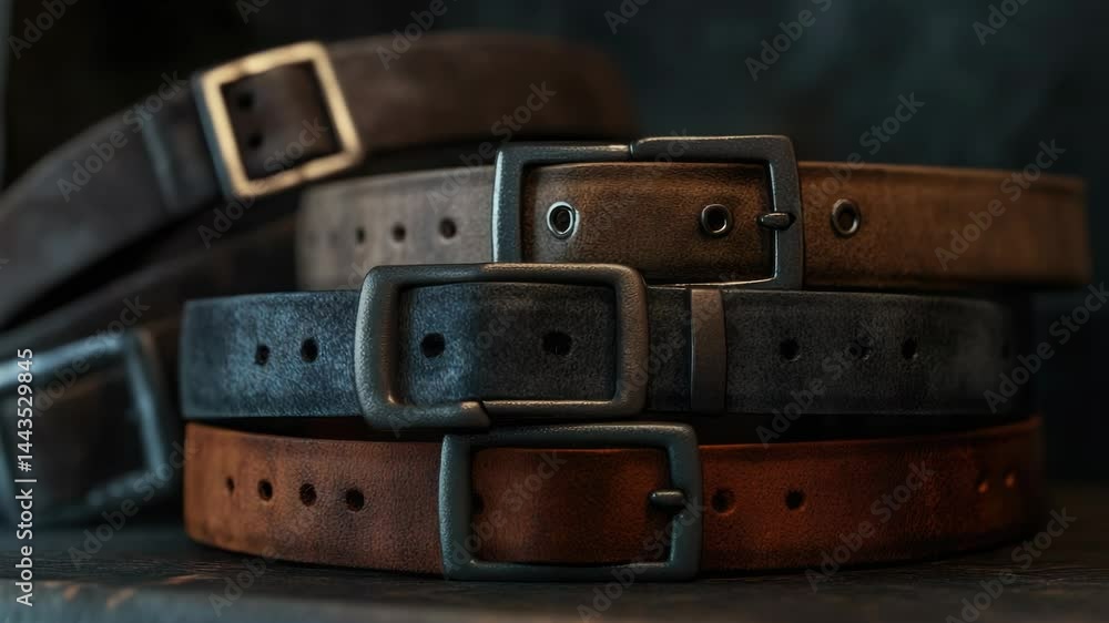 Poster A collection of different belts displayed on a table, ideal for use in editorial or commercial contexts