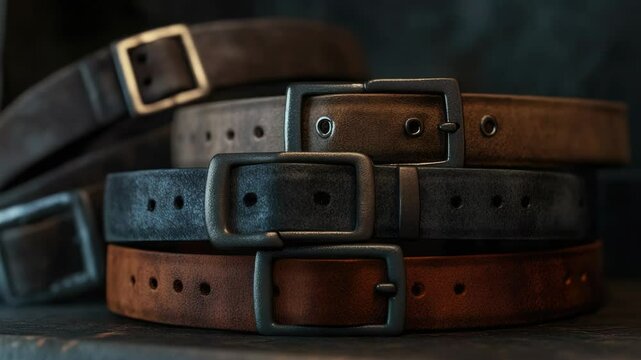 A collection of different belts displayed on a table, ideal for use in editorial or commercial contexts
