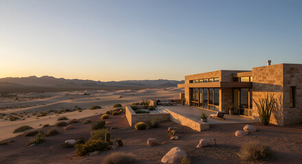 Desert Modern Home At Sunset With Sand Dunes And Mountains In Background