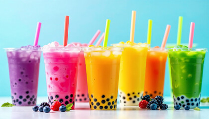 Colorful assortment of fruit bubble teas presented on a bright background during a summer day © Nuibai