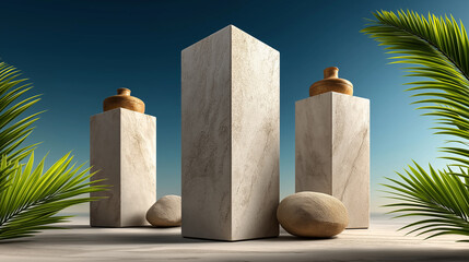 Cosmetic Podiums on Summer Beach – Beauty Meets Coastal Vibes