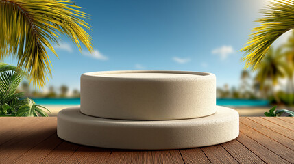 Obraz premium Cosmetic Podiums on Summer Beach – Beauty Meets Coastal Vibes