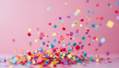 Colorful confetti bursting against a pastel pink background during a festive celebration or event