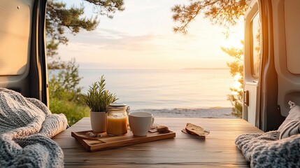 Family road trips and van life adventure. A cozy van interior with sunrise view over the serene ocean, perfect for adventures.