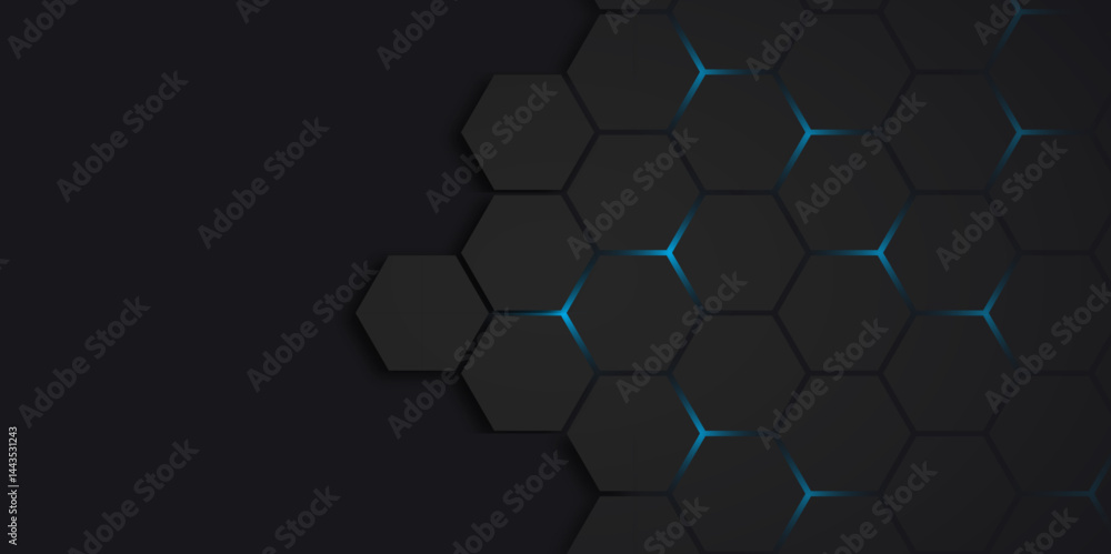 Poster abstract black and blue light hexagon line in grey modern luxury futuristic background design. hexag